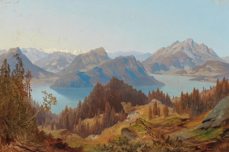 Luzerner See by Carl Hasch, oil on canvas depicting a tranquil lake and mountains.