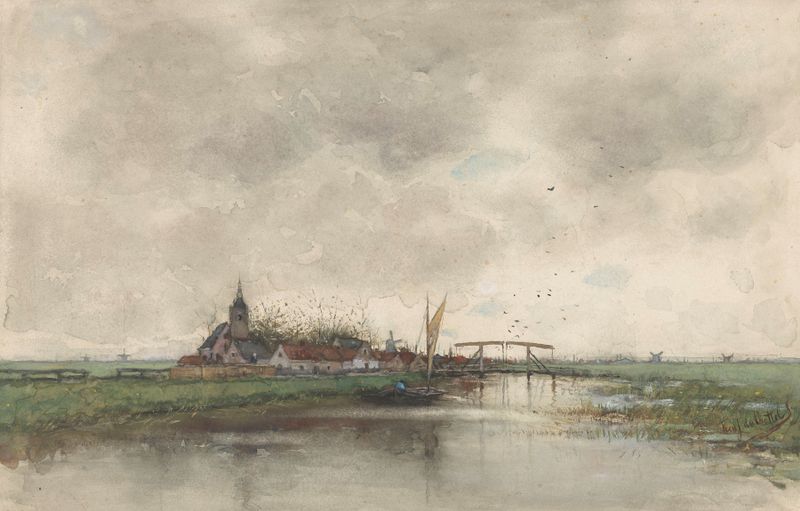 Landscape with a village and river by Fredericus Jacobus van Rossum du Chattel, oil painting