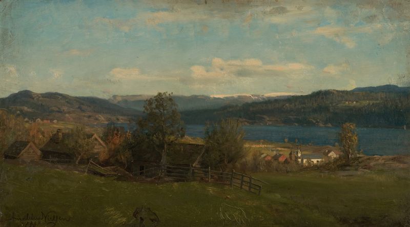 Cena de paisagem com verdes e marrons suaves, pintura a óleo de Amaldus Nielsen
