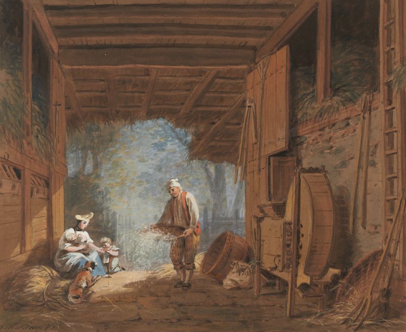 Genre scene depicting a peasant family in earthy tones, oil painting by Franz Niklaus König