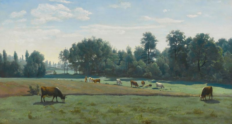 Vacas pastando en un paisaje exuberante, óleo sobre lienzo de Jean-Baptiste-Camille Corot.