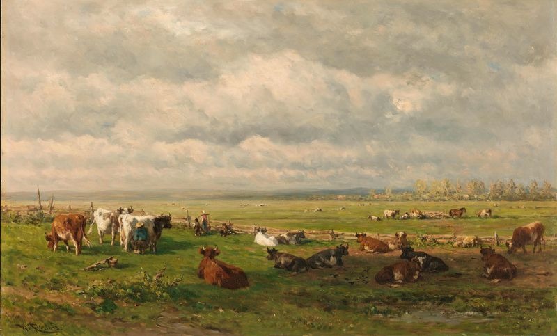 Meadow landscape with cattle, oil on canvas by Willem Roelofs