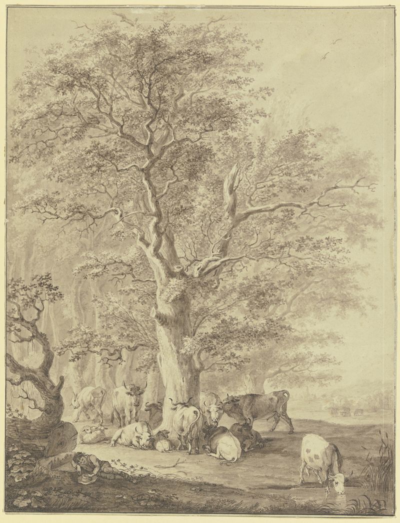 Cattle and sheep resting under an oak tree, oil on canvas by Johann Georg Pforr