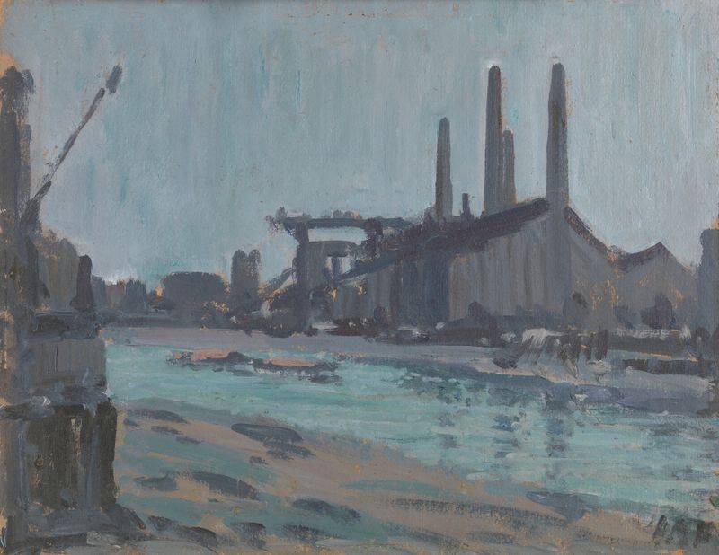 Paisaje con Edificios Industriales junto a un Río, óleo sobre lienzo de Hercules Brabazon Brabazon