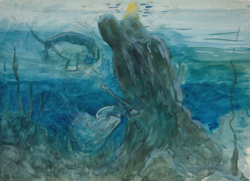 Escena submarina de Edwin Austin Abbey, pintura al óleo que representa un entorno marino tranquilo.