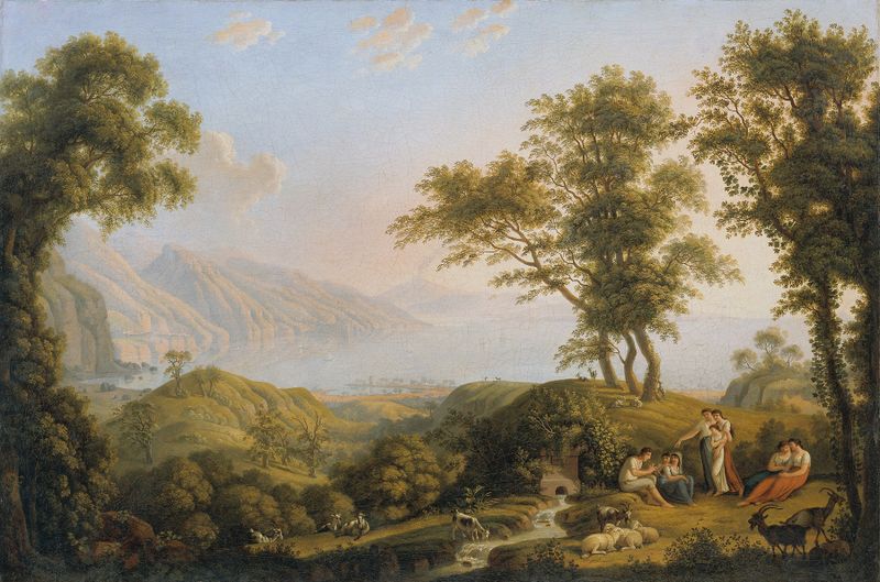 Südliche Landschaft mit Vesuv by Ludwig Philipp Strack, oil on canvas depicting a vibrant landscape.