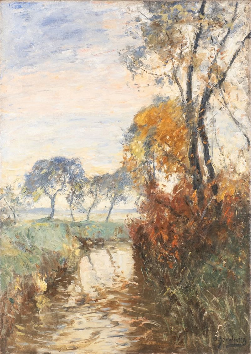 Autumn landscape oil painting by August Jernberg featuring vibrant leaves and soft light.
