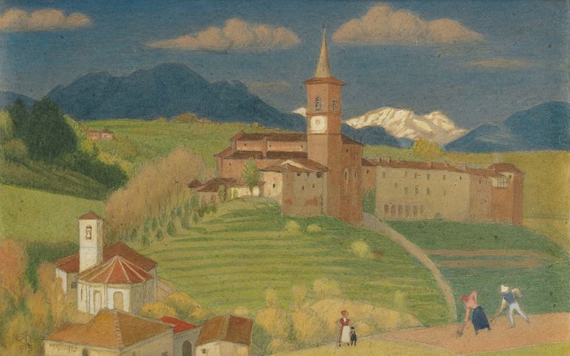 Landscape oil painting by Joseph Edward Southall showing a serene horizon and sky.