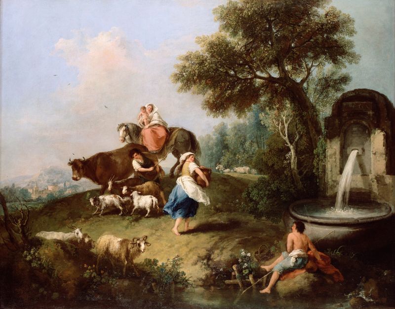 Landscape with a fountain, figures and animals by Francesco Zuccarelli, oil painting