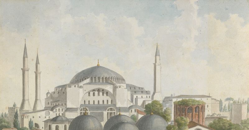 Oil painting by Willey Reveley depicting Hagia Sophia's domes and spires at twilight