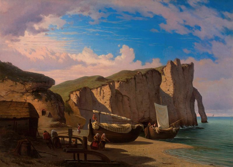 Coastal landscape with cliffs at sunset, oil painting by Albert Żamett
