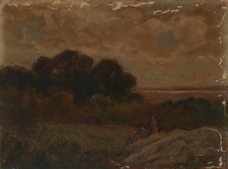 Paisaje con dos mujeres reclinadas sobre rocas, pintura al óleo de Edward Mitchell Bannister