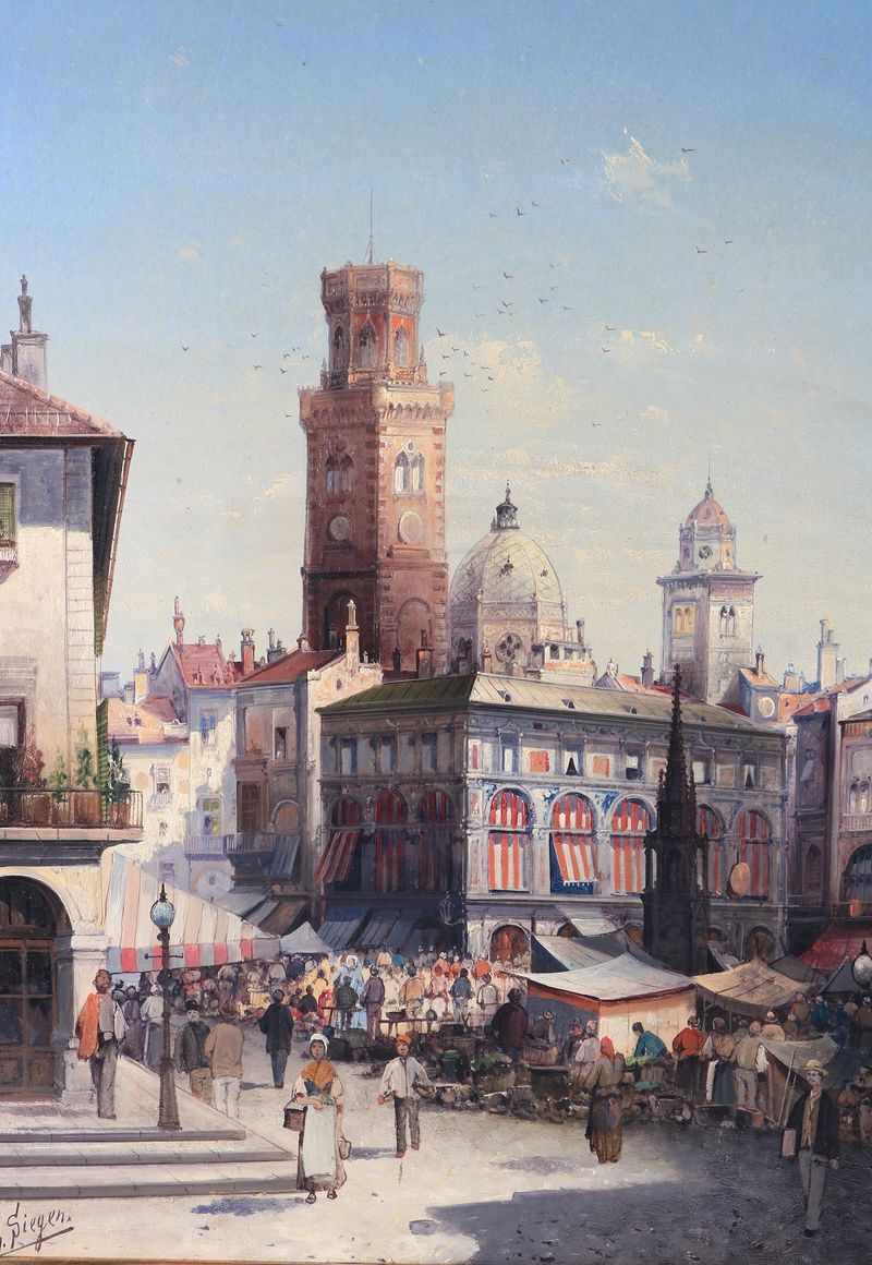 Escena de género que representa un mercado con figuras, de August Von Siegen