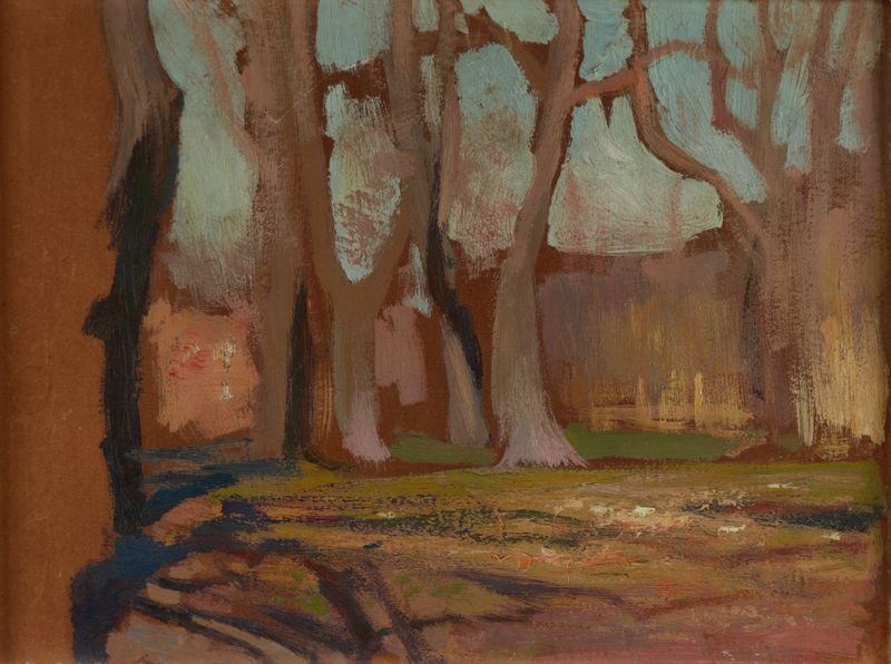 O Planty Park em Cracóvia na Primavera, óleo sobre tela de Jan Stanisławski, com figuras em um parque ensolarado.