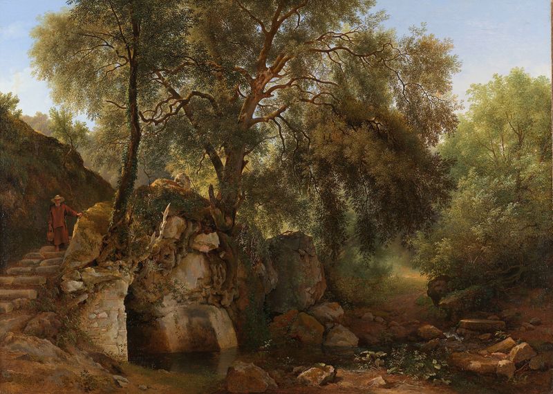 Landscape of a park with trees and a path, oil on canvas by Abraham Teerlink
