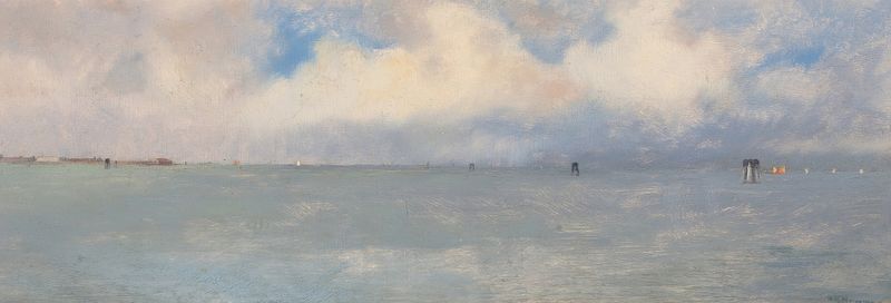Coastal View from the Bay, impressionism by American School, depicting a tranquil sea and pastel sky.