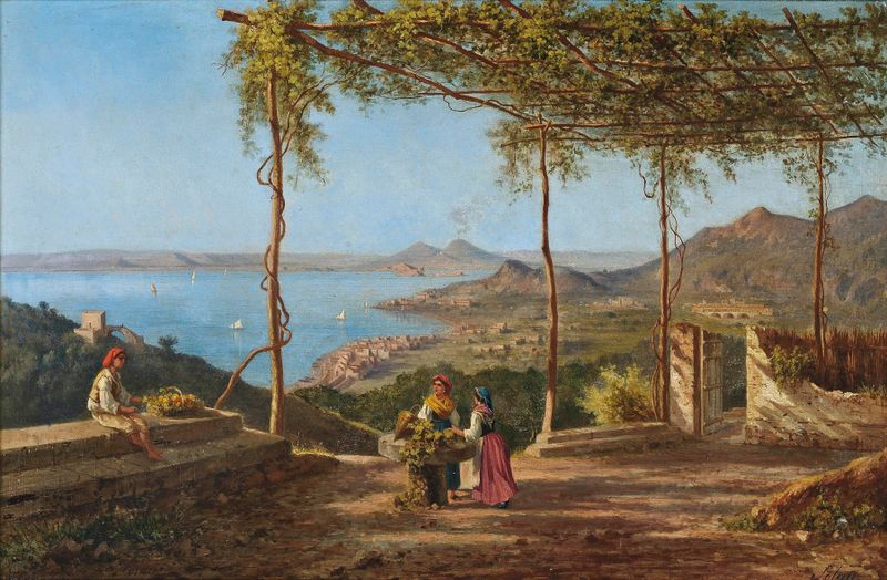 Cena de gênero retratando colhedores de uva em uma paisagem, óleo de Achille Solari