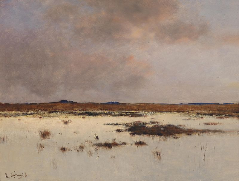 Abendstimmung über einer Flusslandschaft, oil on canvas by Bela Spanyi, depicting a tranquil river landscape at sunset.