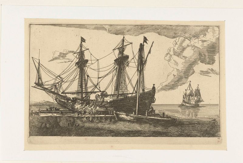 Reparaties aan de romp van een schip, grabado de Unknown Artist que representa el casco envejecido de un barco.