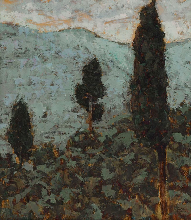 Cypresses under the Mountain by Jan Bohuszewicz, modernism, vibrant landscape with cypresses and sky