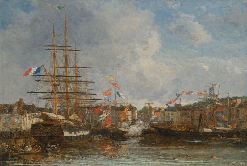 Pintura al óleo de Eugène Boudin que representa una escena de verano en Honfleur con reflejos en el agua.