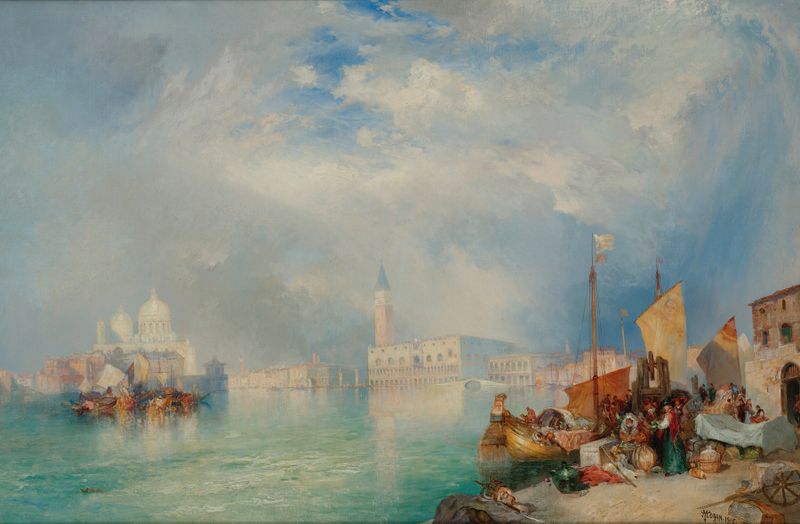 Entrance To The Grand Canal, Venice de Thomas Moran, óleo sobre tela, retratando reflexos do crepúsculo na água.