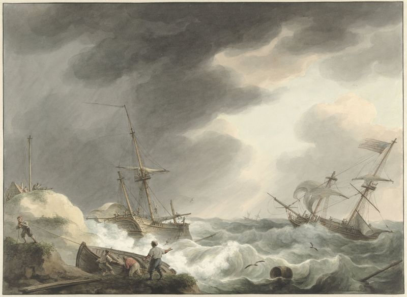 Marine scene depicting two ships in a storm by Martinus Schouman, oil painting