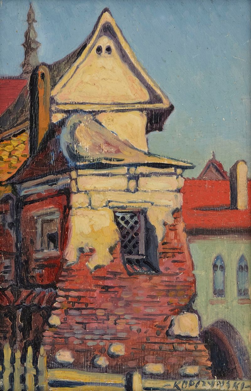Fragmento de uma igreja de Bronisław Kopczyński, pintura a óleo que retrata ruínas arquitetônicas.