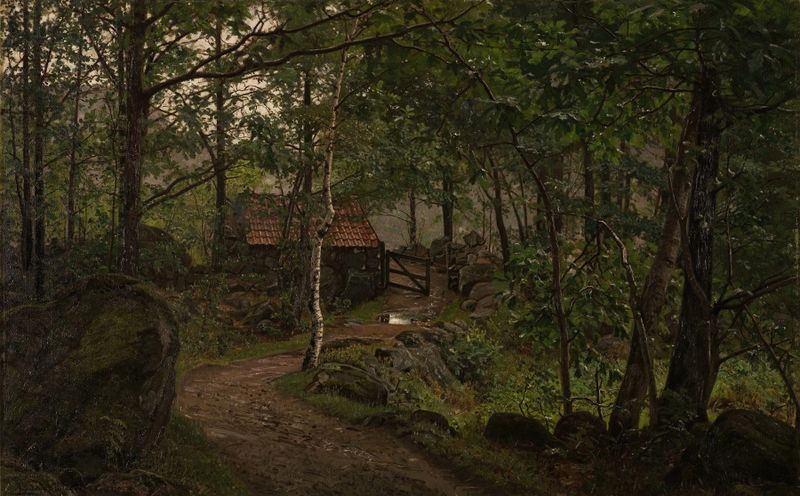 Under trærne, Hoven ved Mandal de Amaldus Nielsen, óleo sobre lienzo que representa una escena forestal serena.