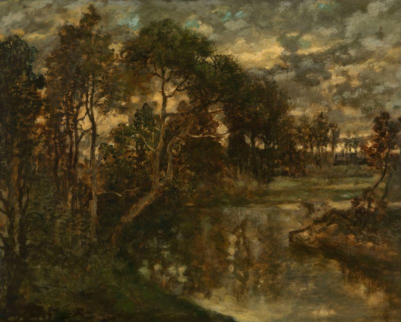 Landscape by Joseph Lies, oil painting depicting a horizon with soft light and muted colors.