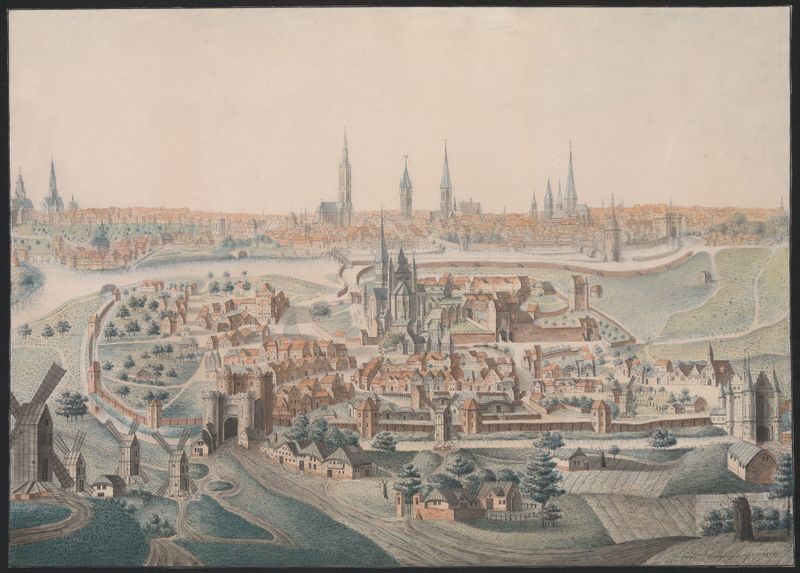 Panoramisch zicht op Gent in de 16e eeuw de Constant Onghena, pintura al óleo