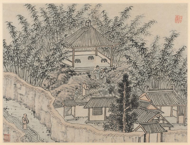 Bamboo Pavilion, Tiger Hill by Shen Zhou, ink on paper depicting bamboo and a pavilion