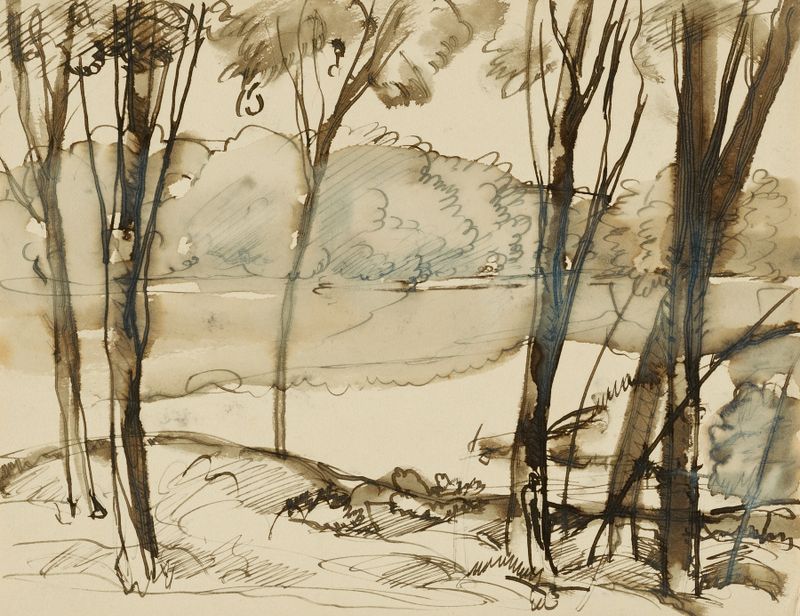 Pintura a óleo de um lago por Donald Shaw MacLaughlan