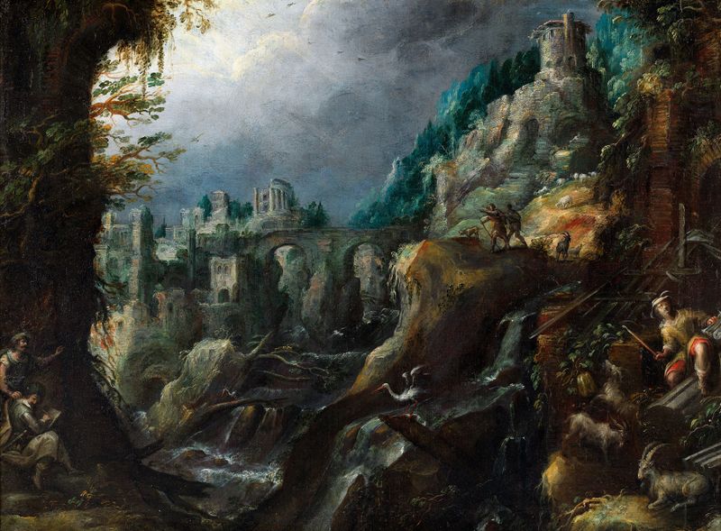 Paisaje con río y ruinas clásicas de Lodewijk Toeput, medio desconocido