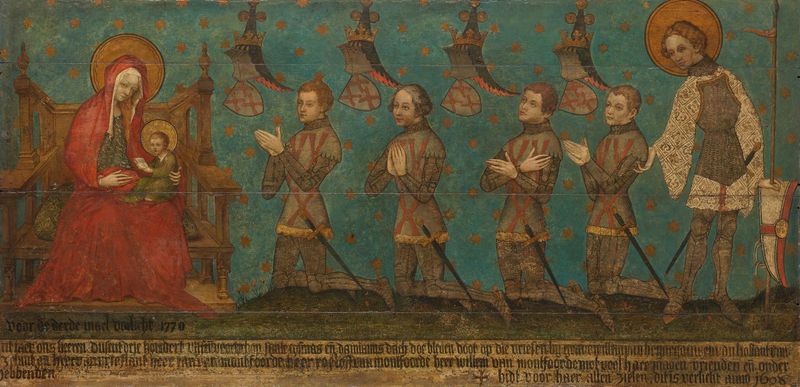 Quatro cavaleiros se ajoelham diante da Virgem em um óleo sobre painel de Unknown Artist