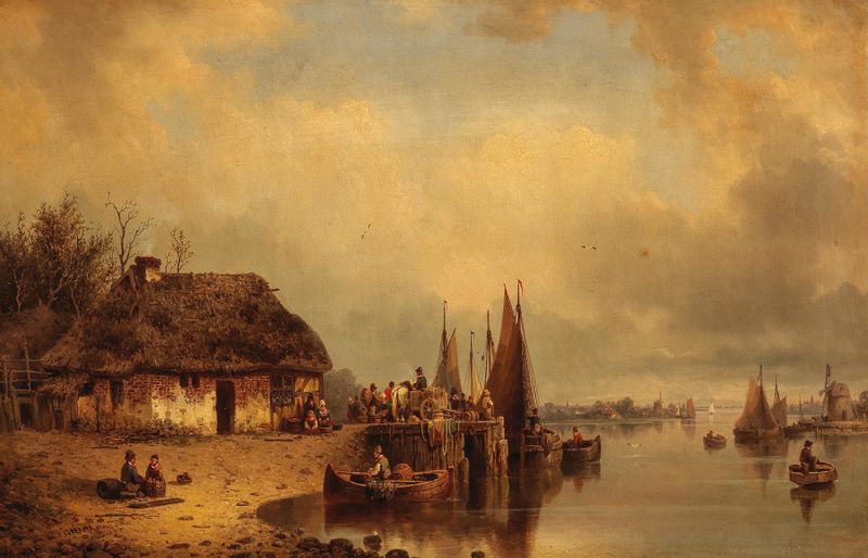 Fishermen working on a jetty, oil painting by Ludwig Hermann
