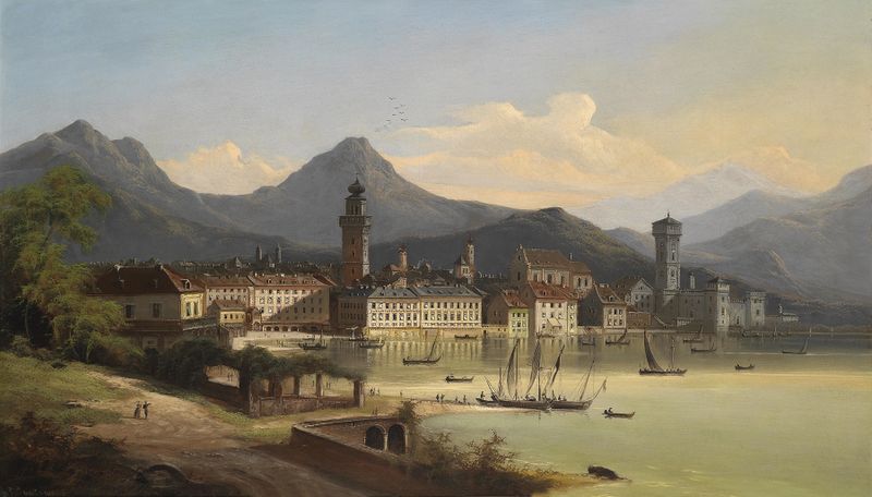 Riva am Gardasee by Johann Wilhelm Jankowski, oil on canvas depicting a serene lake at dawn.