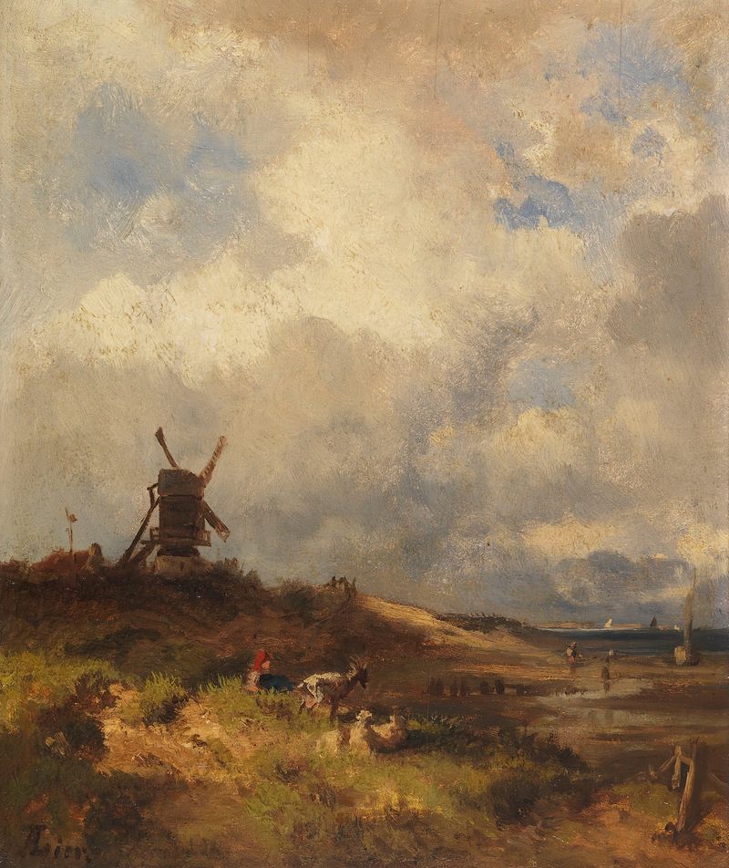 Coastal landscape with a windmill, oil painting by Adolf Heinrich Lier