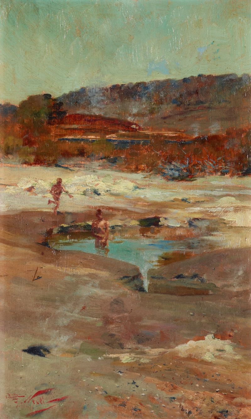 Landscape with tranquil blue waters and reflections, oil painting by Girolamo Nerli