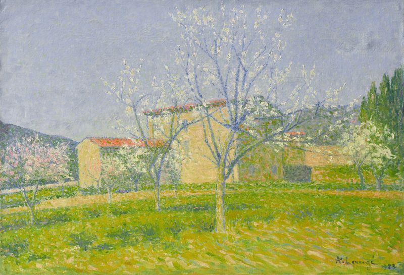 Post-Impressionism landscape with blossoming fruit trees by Achille Laugé