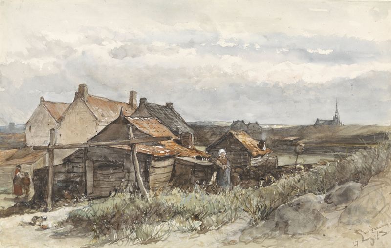 Fishing Family Houses in Scheveningen de Johannes Bosboom, óleo sobre tela que retrata casas costeiras sob um céu nublado.