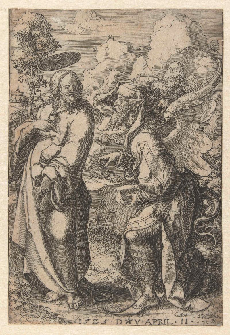 Grabado de Dirck Vellert que representa a Cristo rodeado de caos, colores ricos y drapeado intrincado.