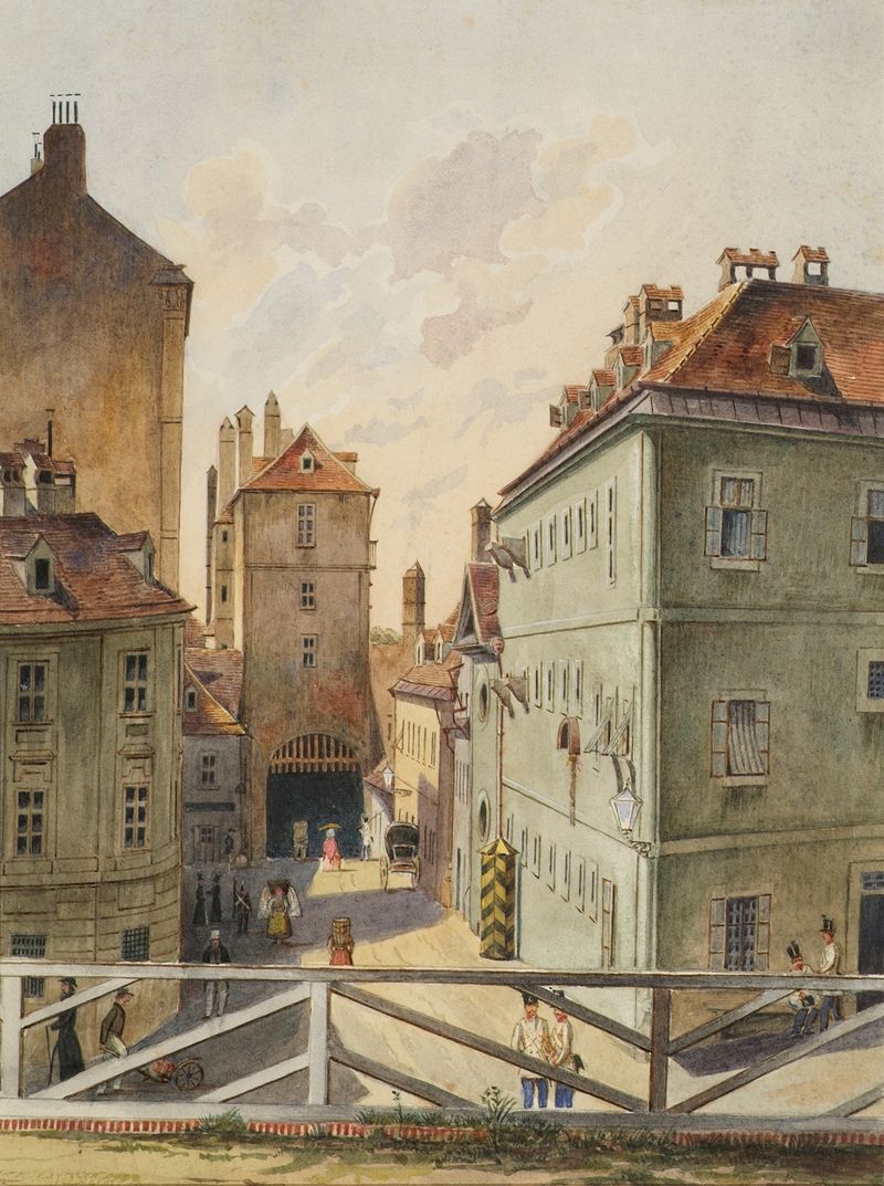 Das Neutor mit dem Stockhaus in Wien by Heinrich Lang, oil painting depicting an archway in Vienna.