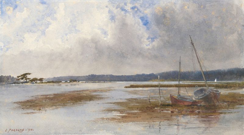River scene with stranded boats, oil painting by Charles Parsons