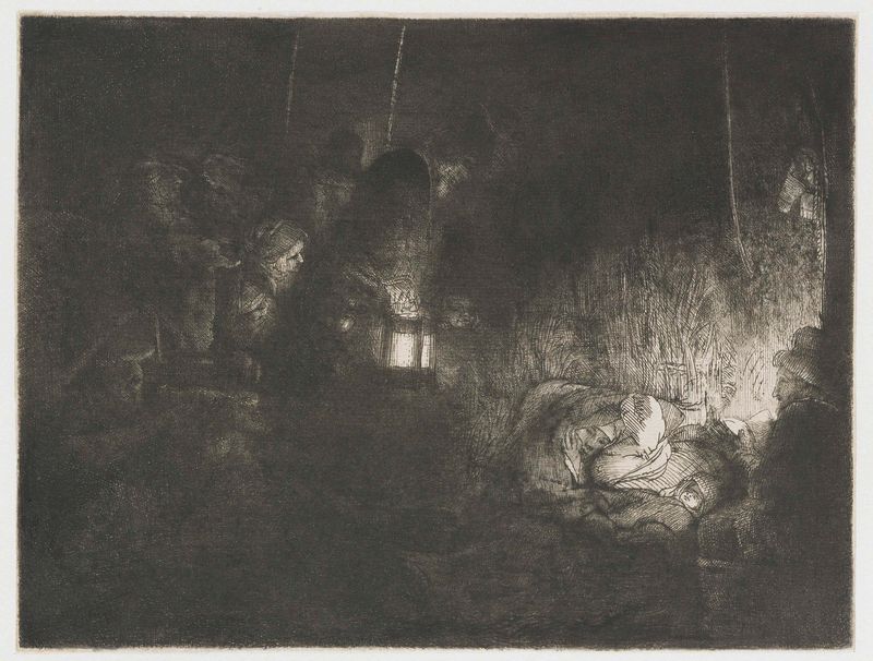 Gravura de Rembrandt van Rijn que retrata uma cena de natividade com pastores e luz de vela