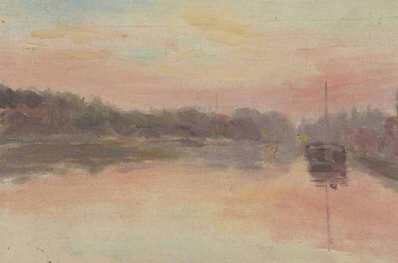 Óleo sobre tela de Jeanne Jegou-Cadart retratando um pôr do sol sobre um barco.