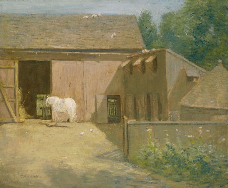 New England Barnyard de Julian Alden Weir, óleo sobre tela retratando celeiros rústicos e campos.
