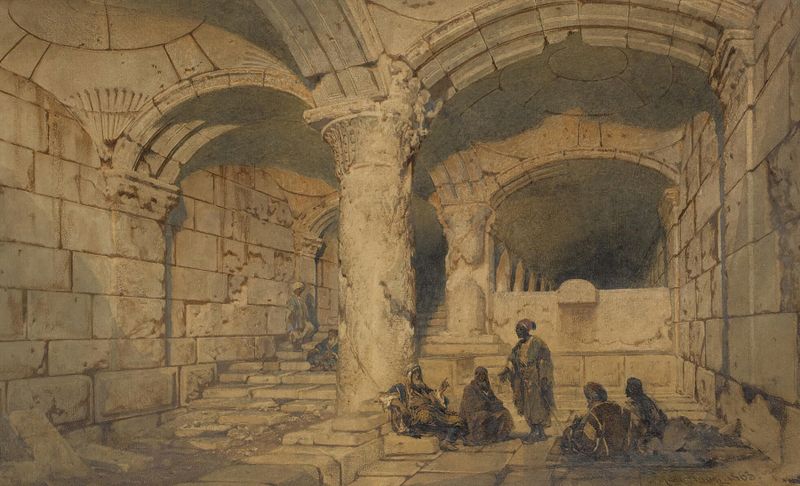 Arab figures in a vault of the Al-Aqsa Mosque, oil on canvas by Carl Haag