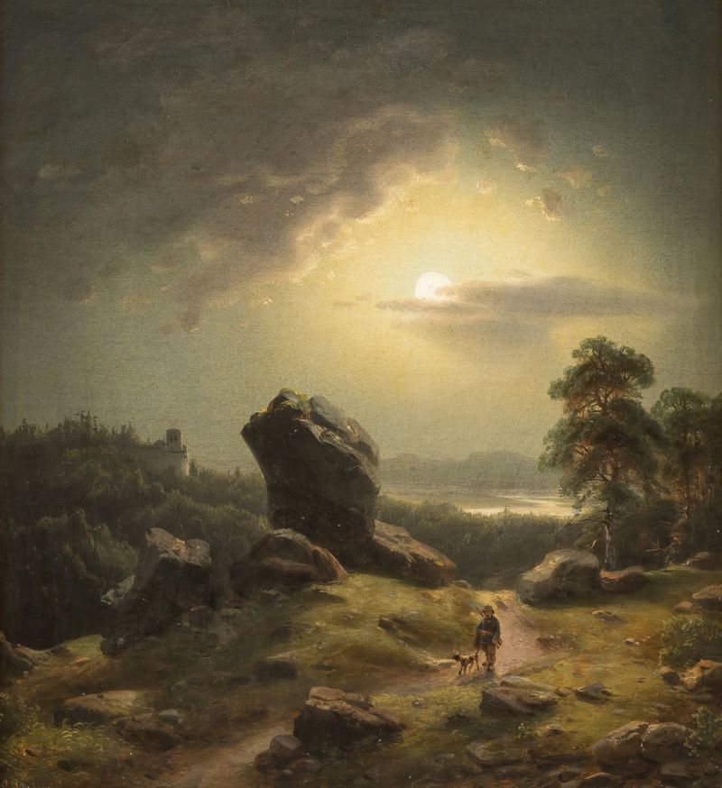 Landscape in moonlight by Carl Ludwig Scheins, oil painting depicting trees under moonlight.