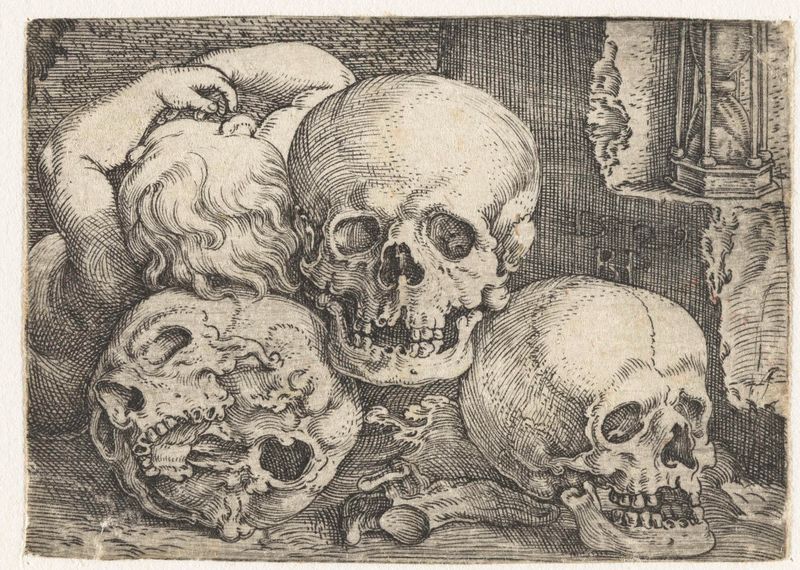 Grabado de Barthel Beham que muestra a un niño con tres calaveras